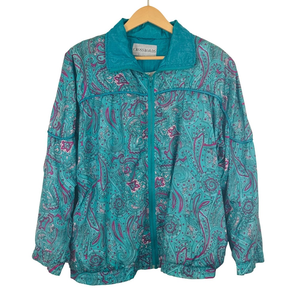 Vintage 90s Teal‎ Paisley Zip Up Windbreaker Jacket Retro Colorful Streetwear